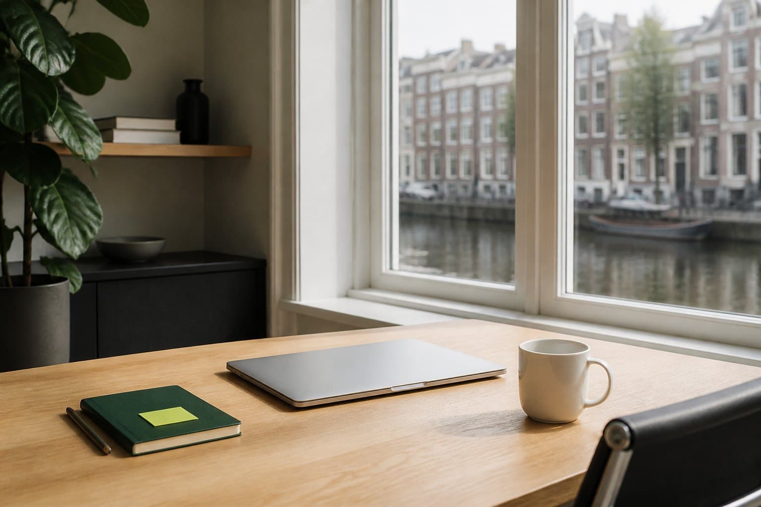 Werkplek aan een Amsterdamse gracht: laptop op een houten bureau bij het raam