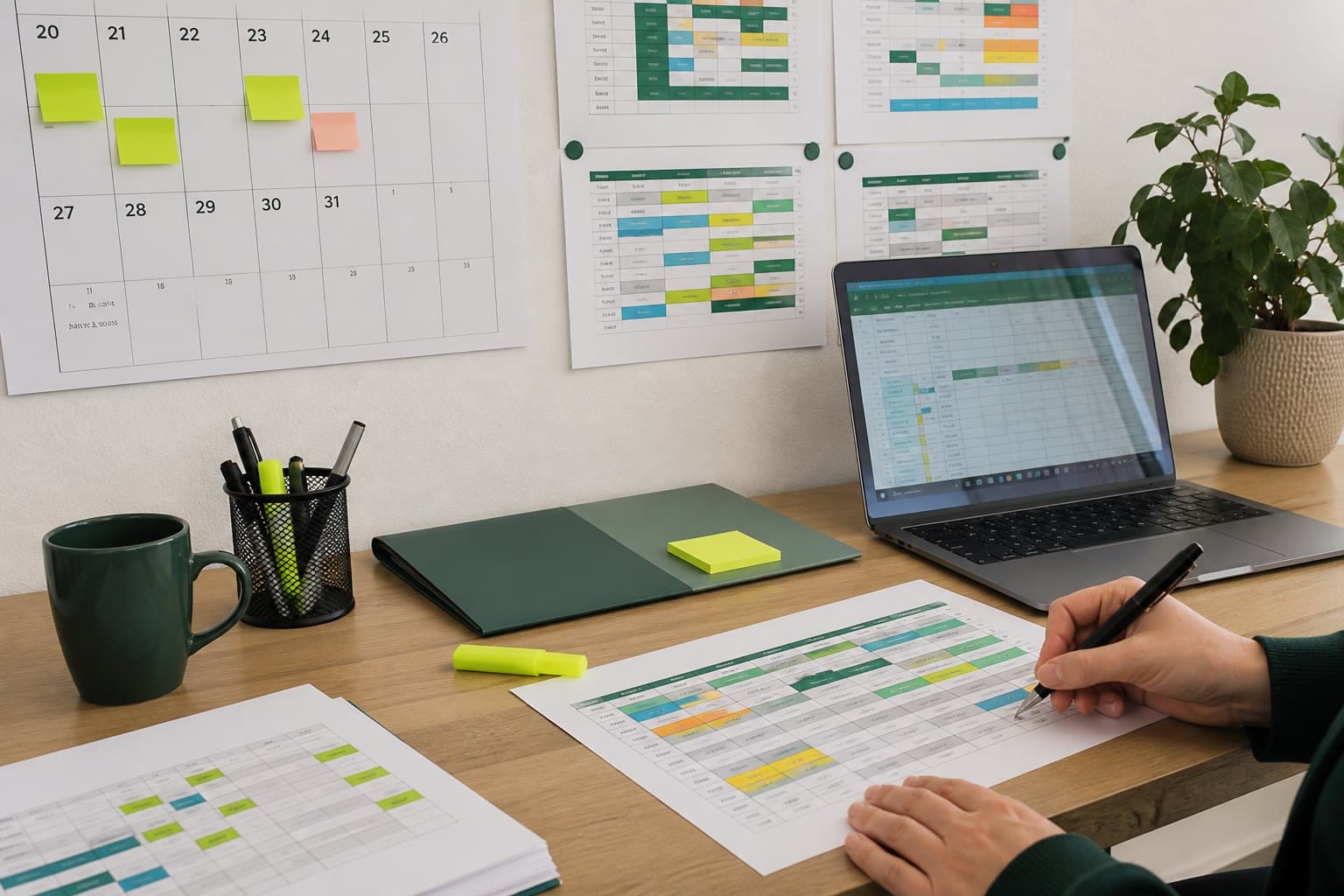 Weekplanning op papier en laptop op een bureau