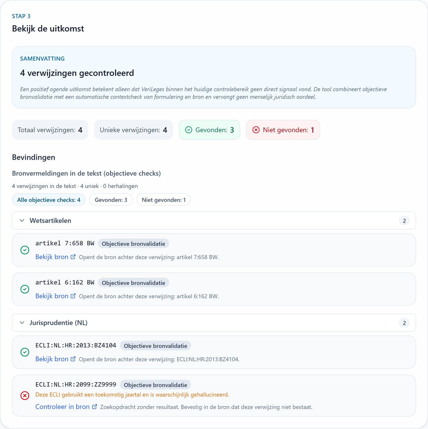 Schermafbeelding van een VeriLeges-verificatieverslag met gevonden en ontbrekende bronnen